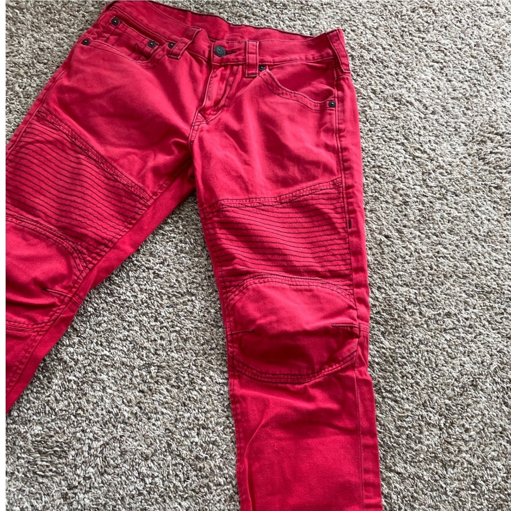 True Religion Y2K Moto Jeans Mens Size 32 Red Bikercore McBling Streetwear - Picture 6 of 13